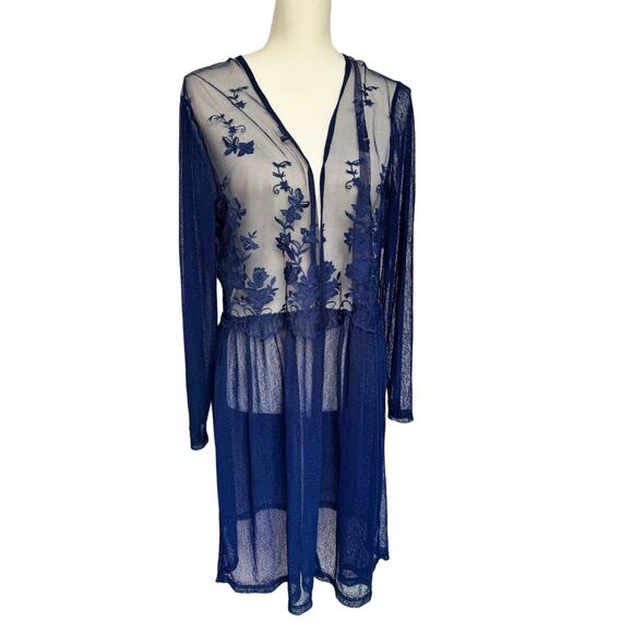 Forgotten Grace Navy Blue Long Sleeve Sheer Lace Topper Cardigan Large - Picture 1 of 10